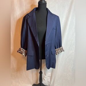 Classic Navy Blazer with Leopard Trim